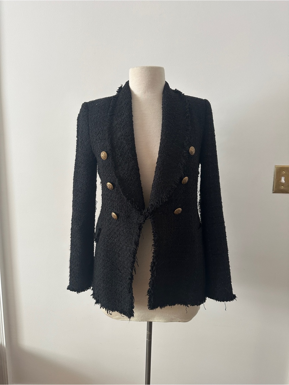 Zara Black Bouclé Double-Breasted Blazer with Gold Buttons